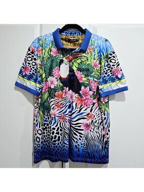 Barabas Men’s Polo Shirt XL Tropical Toucan Floral Zebra Print Short Sleeve Blue